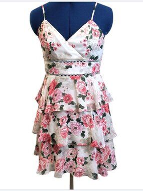 Mi Ami women's pink floral V-neck spaghetti strap tiered ruffle mini dress S